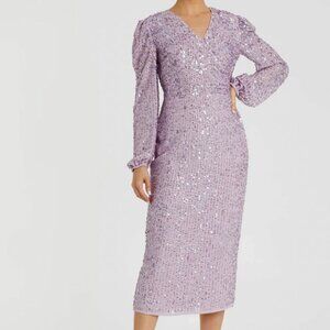 Mac Duggal 107641 Sequined Illusion Puff Sleeve V Neck Midi Dress